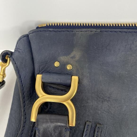 Chloe Marcie Graphite Suede Calfskin Satchel Medium Navy Blue Double Carry Bag - Picture 12 of 16